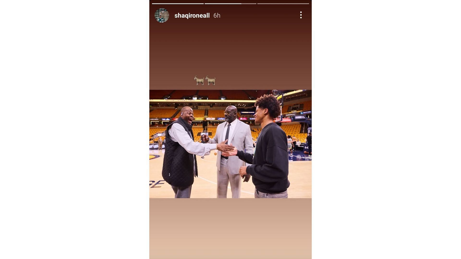 Shaqir O'Neal shared a photo of his meeting with Patrick Ewing on his Instagram story. Source: Instagram/@shaqironeall